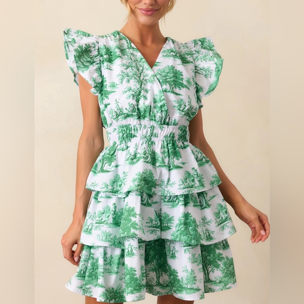 Prosperina Bridget Eden Green Toile Cotton Ruffle Mini Dress - Picture 2 of 4